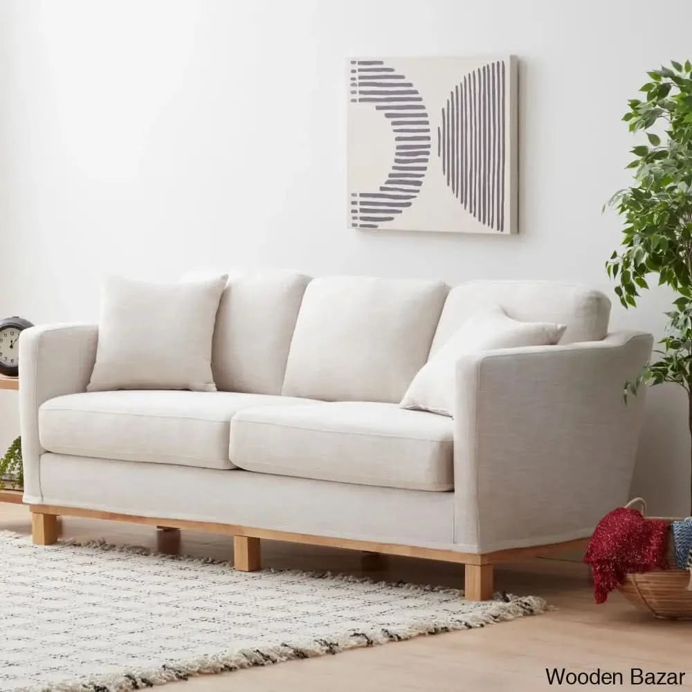 Joanne Upholstered 3-Seater Sofa With Solid Wood Base - Wooden Bazar