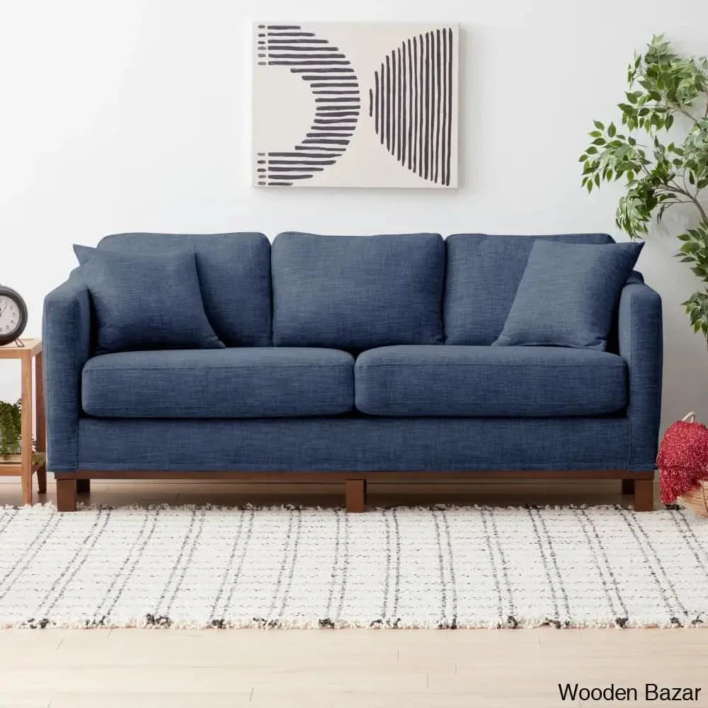 Joanne Upholstered 3-Seater Sofa With Solid Wood Base - Wooden Bazar Navy Blue