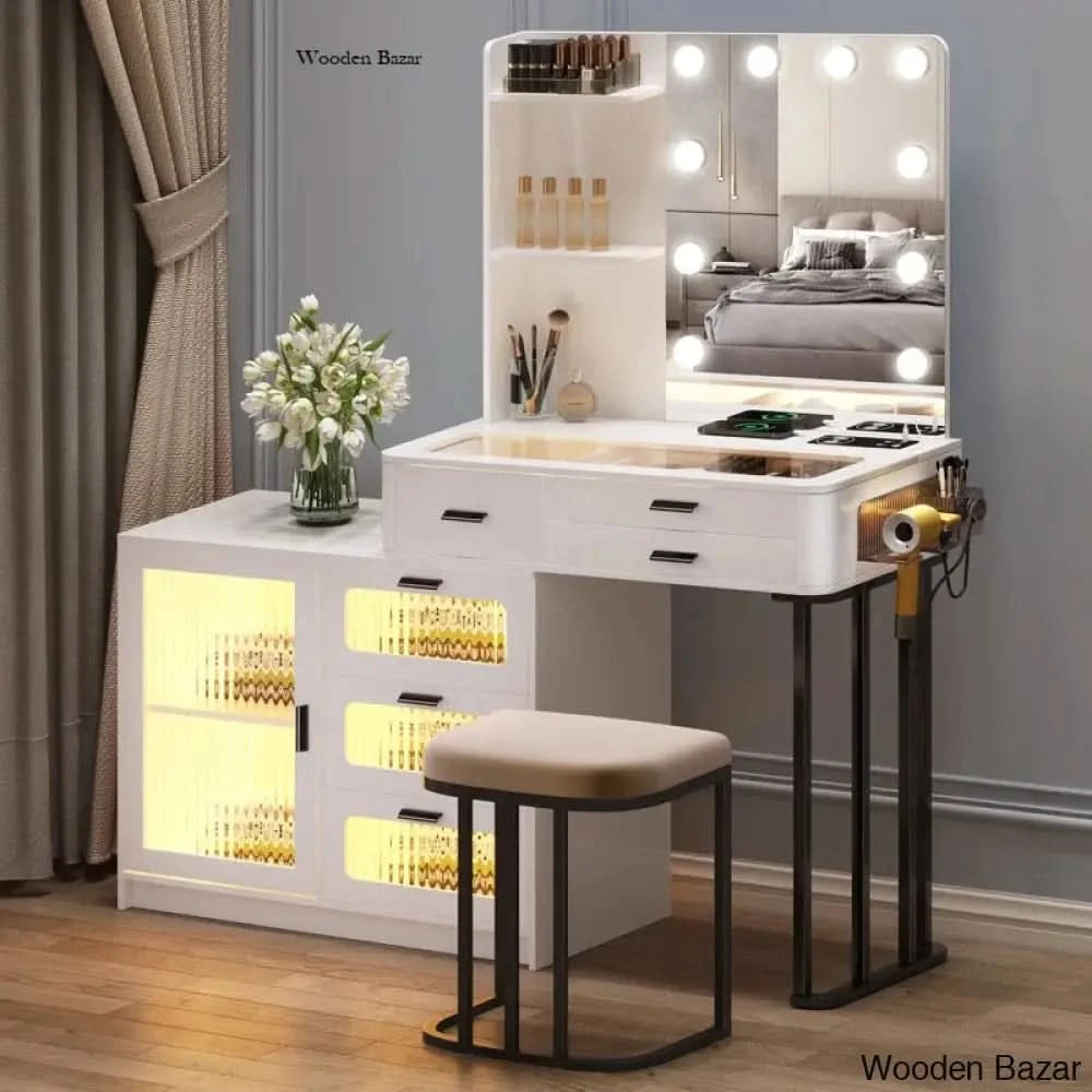 Kaspian Vanity Dressing Table With Lighted Mirror Stool And Storage Cabinet