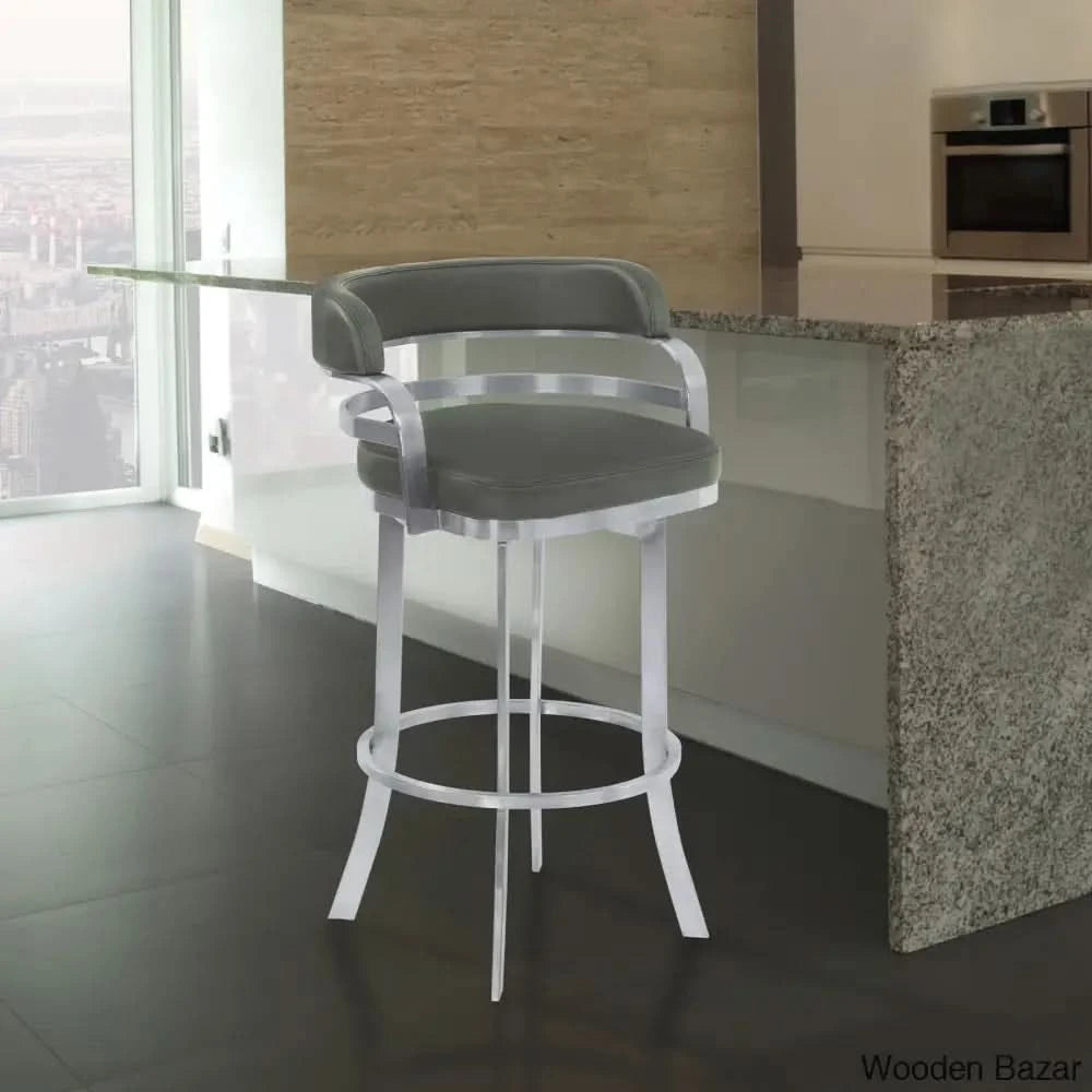 Kellumo Swivel Counter And Bar Height Stool With Arms In Faux Leather Upholstery Metal Legs