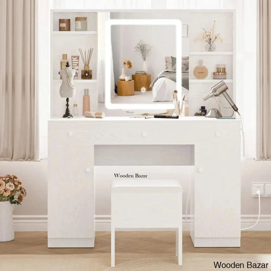 Kimrey Vanity Dressing Table With Llight Sliding Mirror And 7 Drawers Makeup Table Set For Bedroom