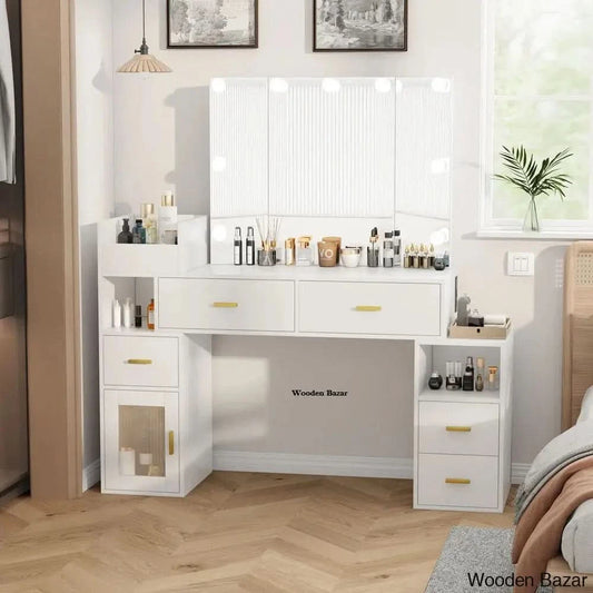 Large Makeup Vanity Dressing Table With Led Bulbs Tri-Fold Mirror And Built-In Charging Station