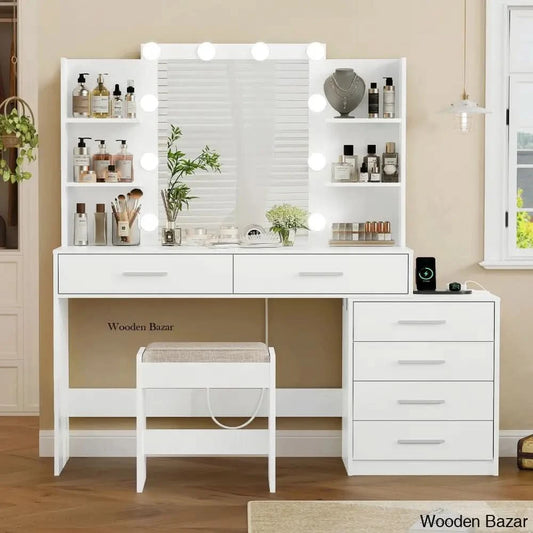 Large Makeup Vanity Dressing Table With Lighted Mirror And Stool Set 6 Drawers