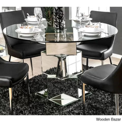 Lily Royal 4 Seater Glass Top Pedestal Dining Set - Wooden Bazar