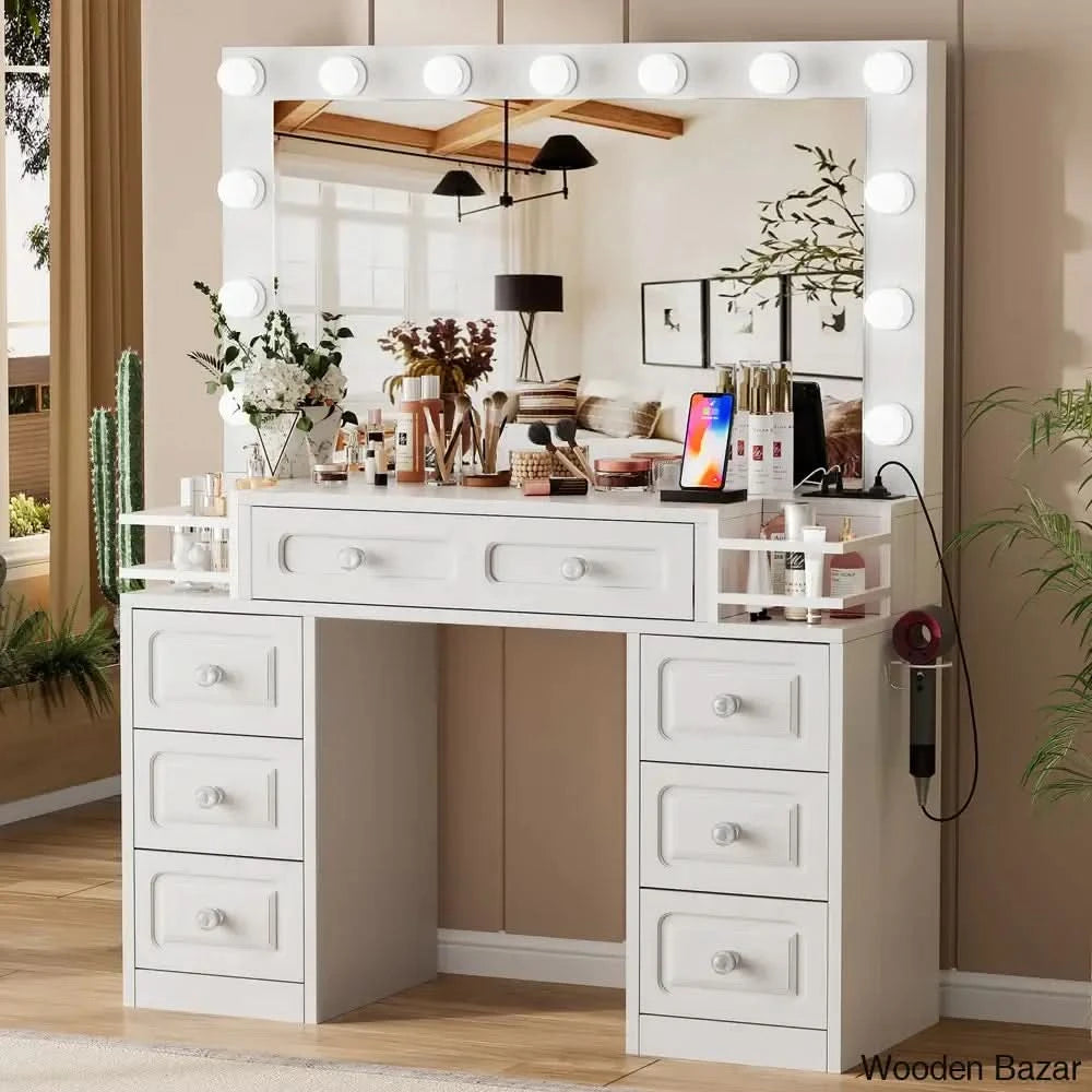 Lunell Farmhouse Makeup Vanity Dressing table with Lighted Mirror Wooden Bazar