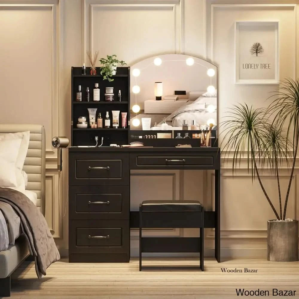 Lytzy Vanity Dressing Table With Lighted Mirror And Stool Black