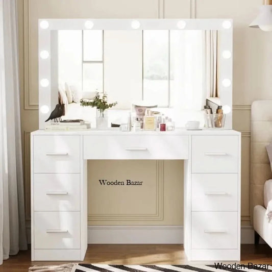 Makada Vanity Dressing Table With Large Lighted Mirror Makeup Desk 7 Drawers
