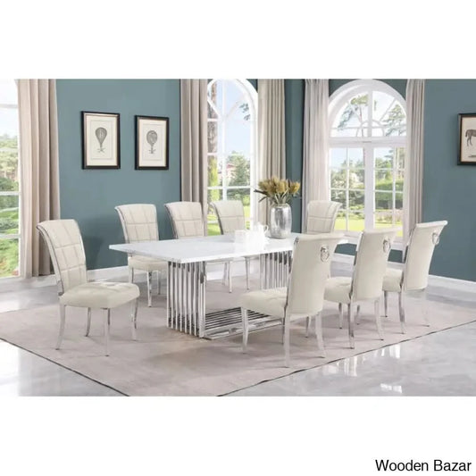 Miler Royal 8 Seater Dining Table Set Marble Top Rectangle Cream