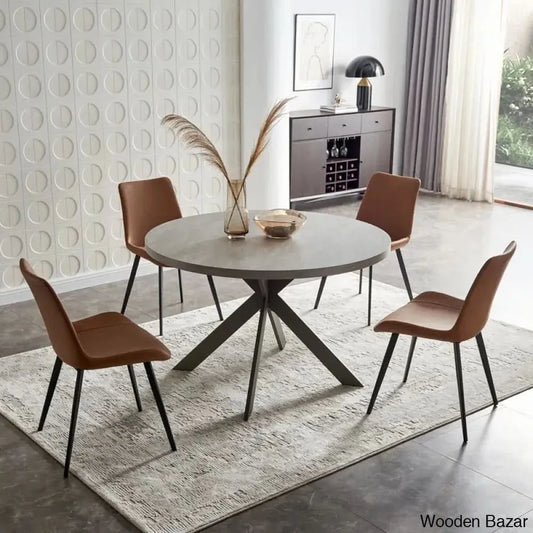 Modern 47.2’’ Round Dining Table Set | Steel-Leg Kitchen For 4-6 People With 4 Chairs Brown