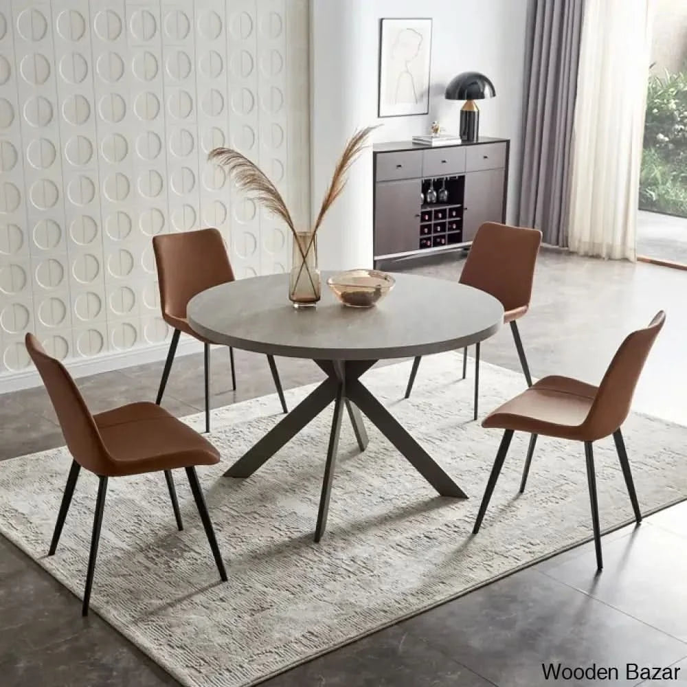 Modern Round Dining Table Set With Steel Legs – Stylish Kitchen For 4 Brown
