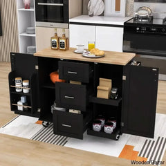 Natalija Solid Wood Top Kitchen Cart Trolley Cart Cabinet Kitchen Island With Storage