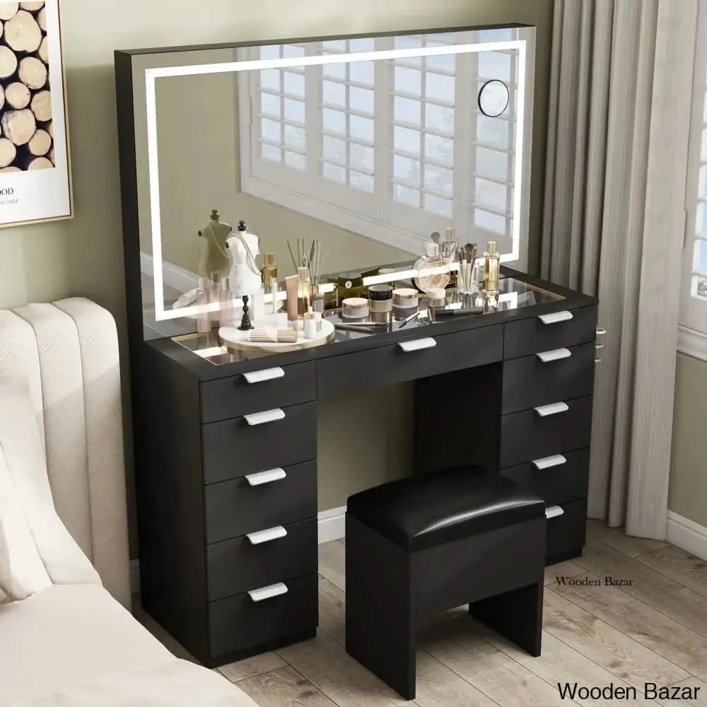 Ramayo Vanity Dressing Table Mirror With Led Light 11 Drawers And Hairdryer Holder Stool Black