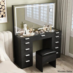 Ramayo Vanity Dressing Table Mirror With Led Light 11 Drawers And Hairdryer Holder Stool Black
