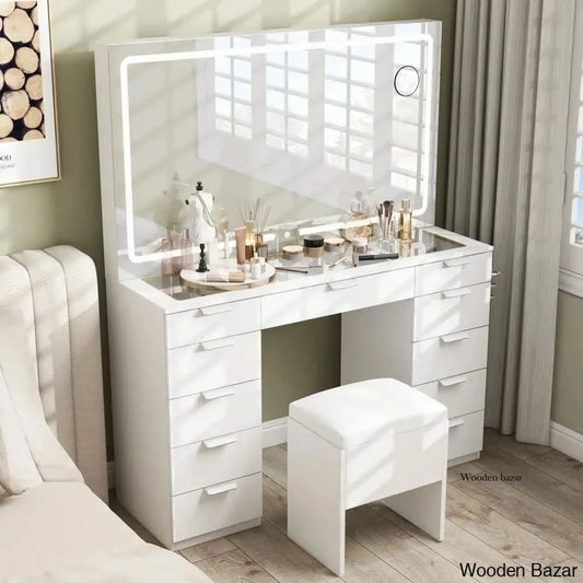 Ramayo Vanity Dressing Table Mirror With Led Light 11 Drawers And Hairdryer Holder Stool White