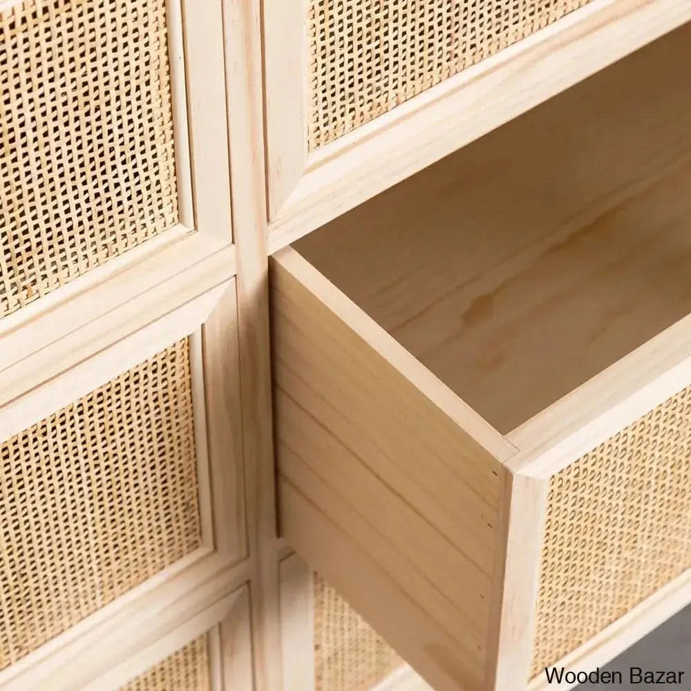 Rattan Cane Solid Wood 9- Drawer Chest For Modern Living - Wooden Bazar