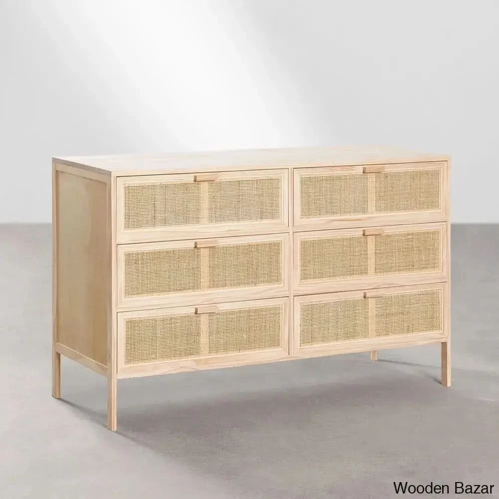 Rattan Cane Solid Wood 9- Drawer Chest For Modern Living - Wooden Bazar