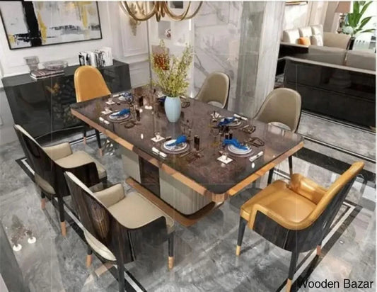 Reggie Luxury Wooden Finish Dining Table Set In Marble Style