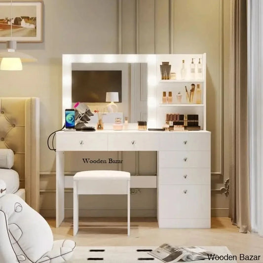 Reyhana 6 Drawers Vanity Dressing Table With Lighted Mirror And Stool Outlets White