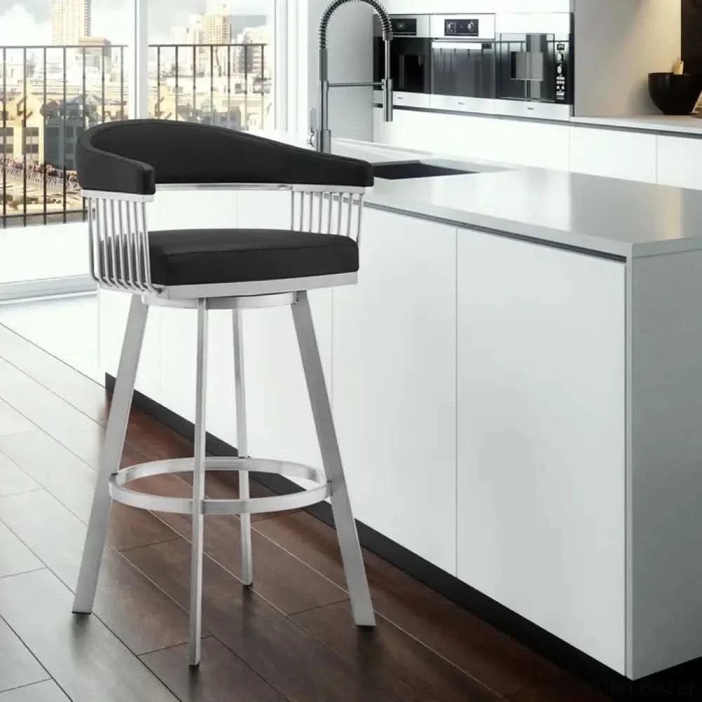 Robinetto Swivel Counter And Bar Height Stool With Arms Footrest In Faux Leather Metal Brushed