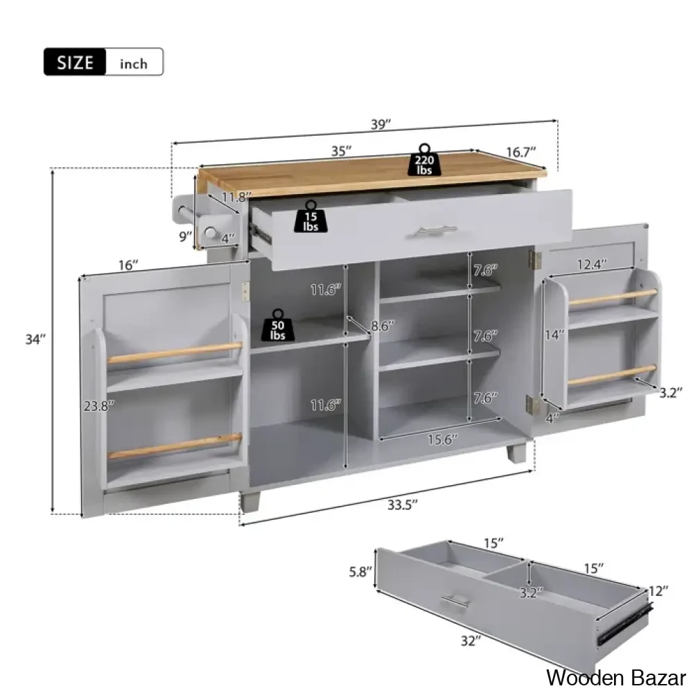 Ronzel 35āāW Rolling Kitchen Trolley Cart Cabinet Kitchen Island With Storage Solid Wood Drop