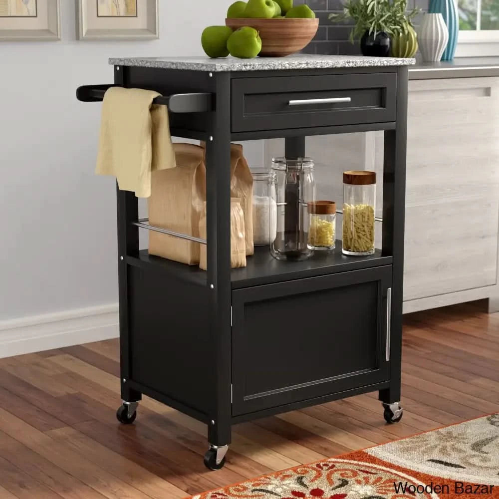 Sariol Granite Top Wood Kitchen Cart With Storage Trolley Cart Cabinet Kitchen Island Storage Black