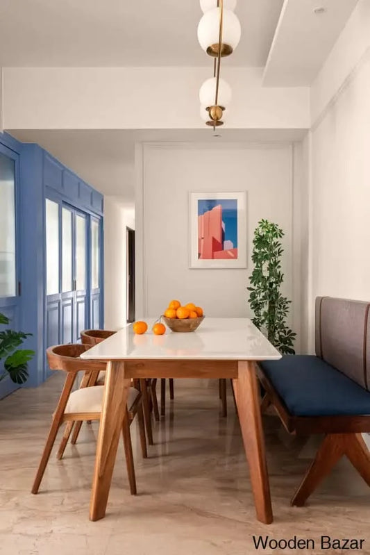 Sitnol 4 Seater Wooden Marble Top Dining Table Set - Bazar