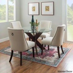 Smiley Best 4 Seater Round Glass Top Dining Set Brown