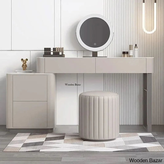 Solid Wood Makeup Vanity Dressing Table With Lighted Mirror And Stool Faux Leather Set