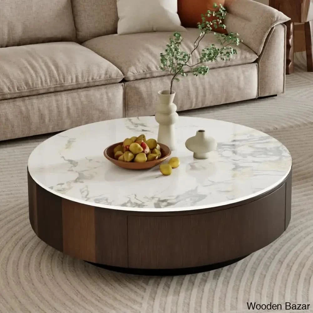 SUMOO 35.5" Wood Brown Round Coffee Table, Faux Marble table-top