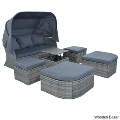 āU_Style Outdoor Patio Daybed Set With Retractable Canopy - Wicker Sunbed & Conversation For