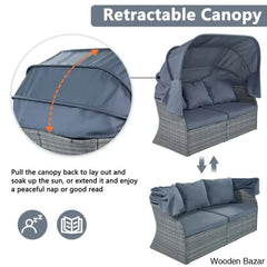 āU_Style Outdoor Patio Daybed Set With Retractable Canopy - Wicker Sunbed & Conversation For