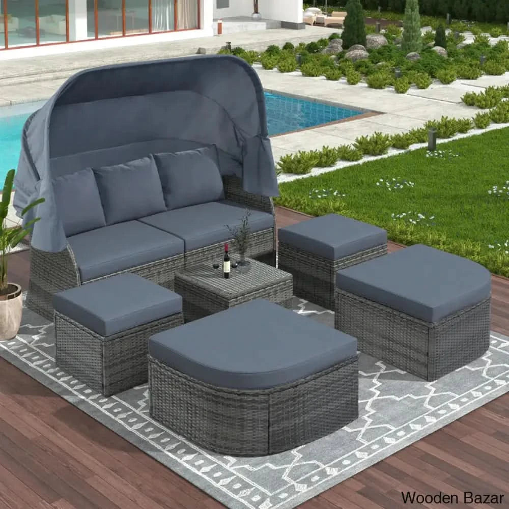 āU_Style Outdoor Patio Daybed Set With Retractable Canopy - Wicker Sunbed & Conversation For