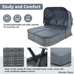 āU_Style Outdoor Patio Daybed Set With Retractable Canopy - Wicker Sunbed & Conversation For