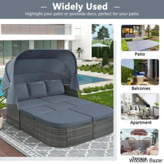 āU_Style Outdoor Patio Daybed Set With Retractable Canopy - Wicker Sunbed & Conversation For