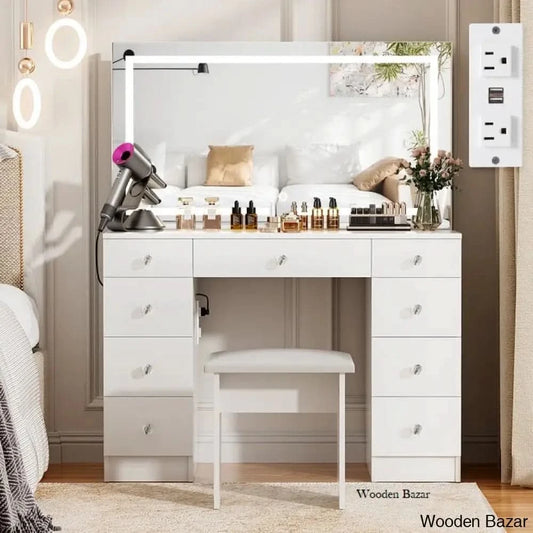 Vanity Dressing Table Set With Led Mirror & Power Outlets 9 Drawers With Diamond Handles And Stool