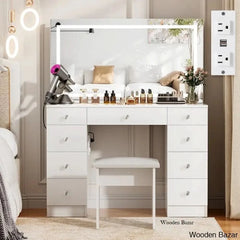 Vanity Dressing Table Set With Led Mirror & Power Outlets 9 Drawers With Diamond Handles And Stool
