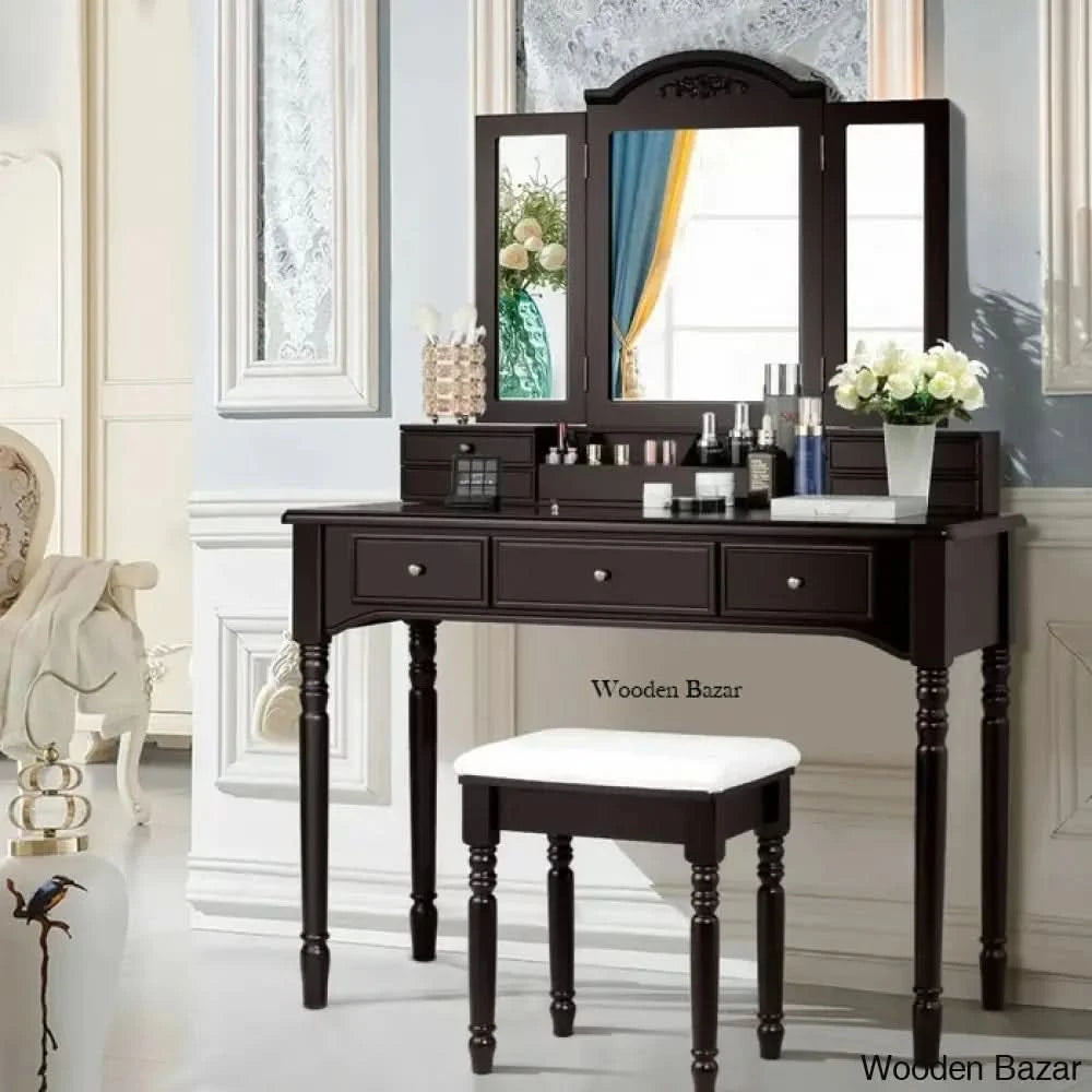 Vanity Dressing Table With Mirror And Stool Brown