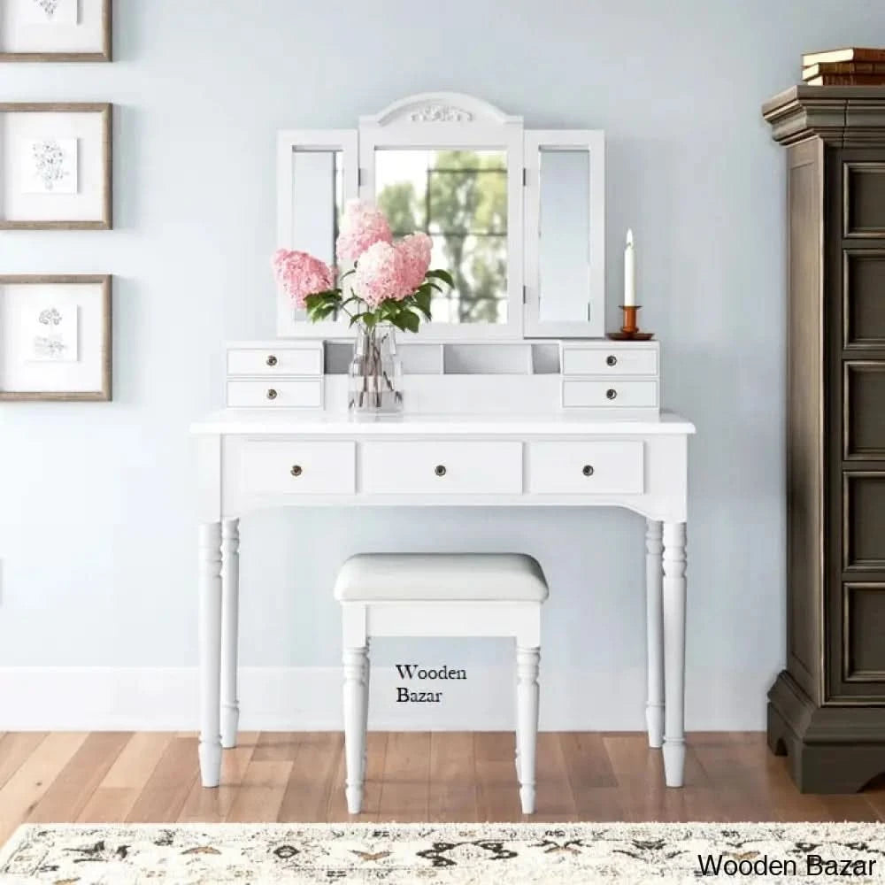 Vanity Dressing Table With Mirror And Stool White