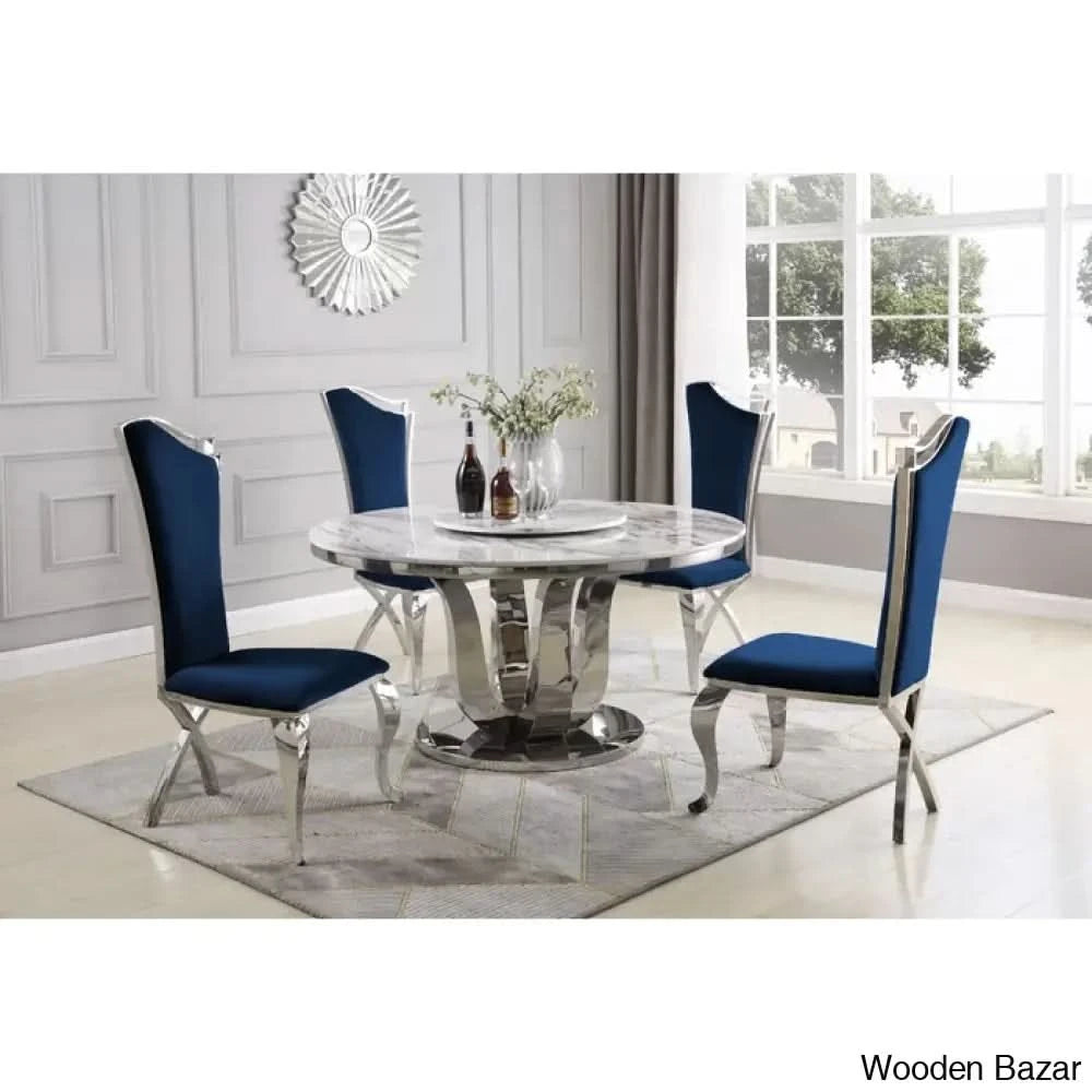 Waverly Best 5 Seater Marble Top Pedestal Dining Set Navy Blue