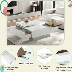 Zhanatw High Gloss Coffee And Center Table With Two Top Moving Blocks Four Storage Drawers