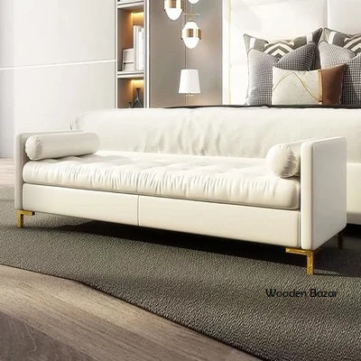 Wooden Bazar White Faux Leather Upholstery Tufted Bench Ottoman Gold Leg Entryway Bedroom