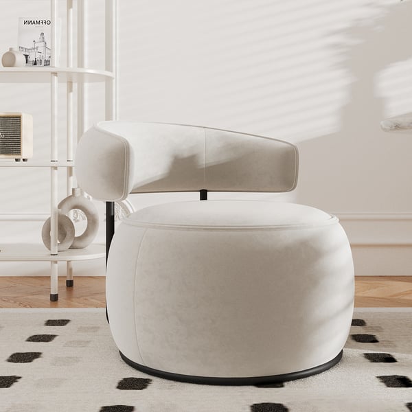 Modern Off-White Swivel Armchair Barrel Accent Chair Velvet Upholstered - Wooden Bazar