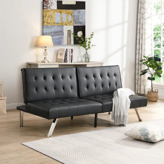 Byrne Stylish 3 Seater Chesterfield Sofa Bed in Black Pvc - Wooden Bazar