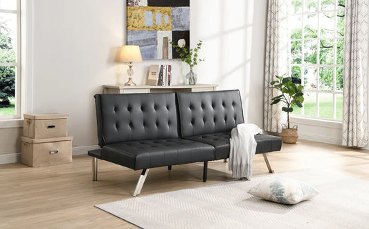 Byrne Stylish 3 Seater Chesterfield Sofa Bed in Black Pvc - Wooden Bazar