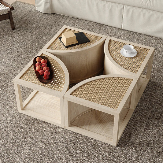 Versatile 4-Piece Modular Coffee Table in White Oak and Rattan with Storage