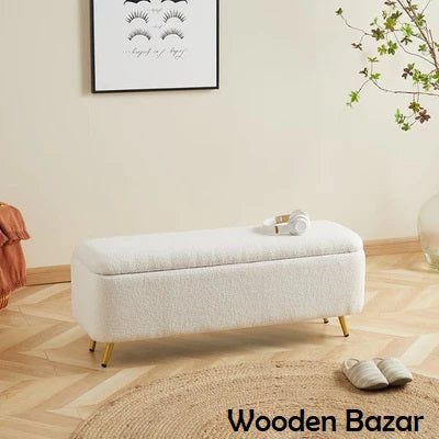 Modern Bedroom Boucle White Bench Upholstered Ottoman with Storage & Gold Legs - Wooden Bazar