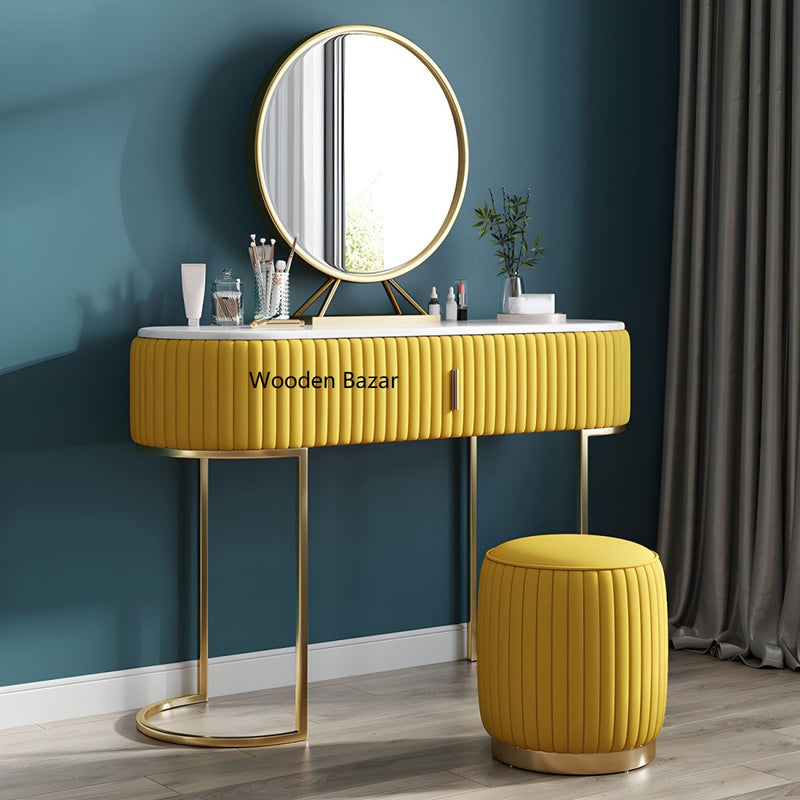 Glam Marble Top Vanity Table 30.15" H Makeup Dressing Table Set With Mirror & Stool - Wooden Bazar