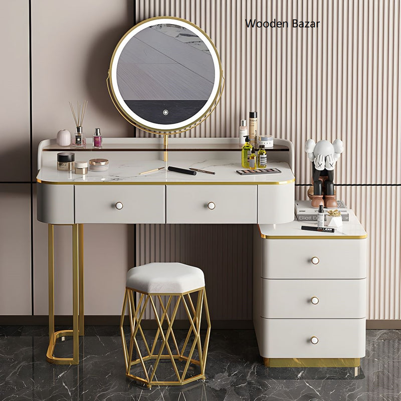 Mid-Century Modern Wooden Vanity Desk in White Modern with Drawers Dressing Table - Makeup Vanity & Mirror & Chair - Wooden Bazar