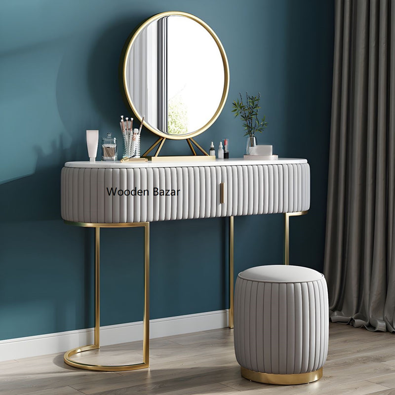 Glam Marble Top Vanity Table 30.15" H Makeup Dressing Table Set With Mirror & Stool - Wooden Bazar