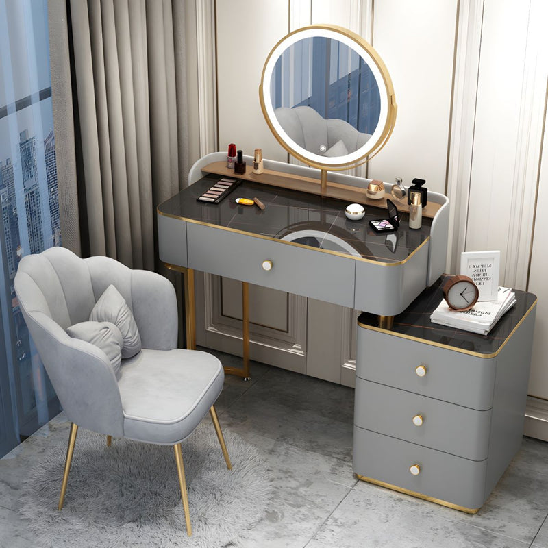 Mid-Century Modern Wooden Vanity Desk in White Modern with Drawers Dressing Table - Makeup Vanity & Mirror & Chair - Wooden Bazar